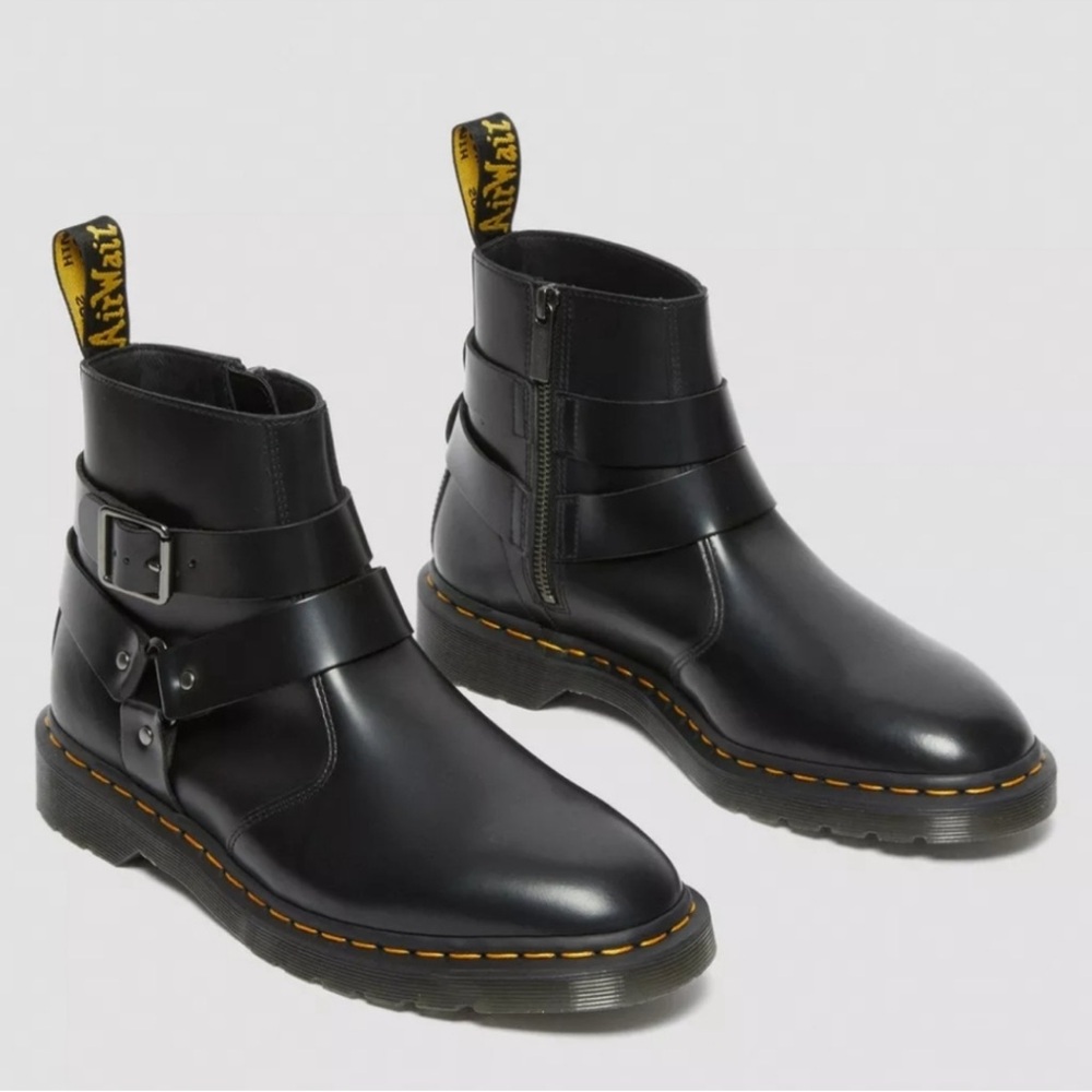 Dr. Martens Black and Yellow Ankle Boots with Buckle Strap